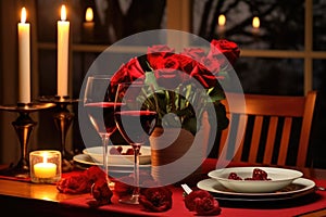 a candlelit dinner set-up with roses and wine