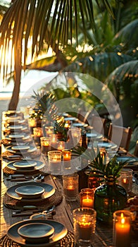 Candlelit dinner setting on a tropical beach at sunset, ideal for romantic dining experiences.