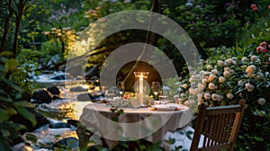 A candlelit dinner table set for two nestled in a secluded garden with blooming flowers and a gentle stream trickling by