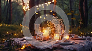 A candlelit dinner for two in a dreamy forest glade creates an enchanting atmosphere for a romantic evening. .