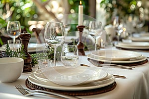 Candlelit Greenery-Adorned Table Setting with Crystal Wine Glasses photo