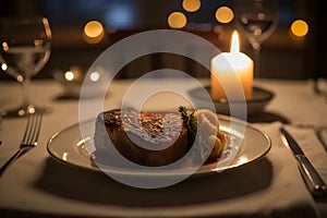 Candlelit roast steak on a table close-up