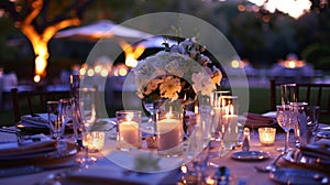 The candlelit tables are adorned with fresh flowers and delicate glassware enhancing the romantic ambiance of the
