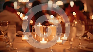 Candlelit tables dd in white cloths are tered around the room inviting guests to sit and socialize in small groups photo