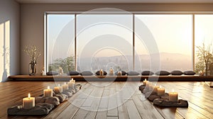 Candlelit Zen. Unwind in an Empty Yoga Studio with a View. Generative AI