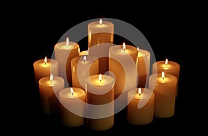 Candlemas. Burning candles on a black background. 3d rendering. Computer digital drawing. photo