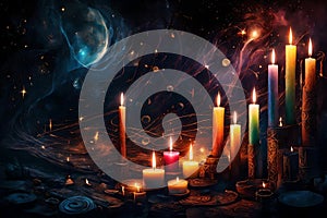 Candles in an abstract nighttime background with spells, omens,