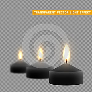 Candles burn with fire realistic. Set isolated on transparent background. Element for design decor, vector illustration.