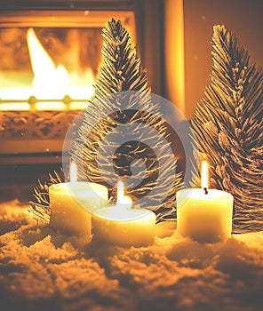 Candles burning near fir trees and fireplace