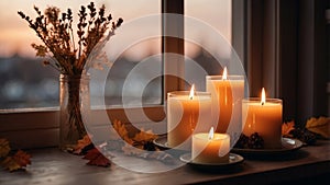 Candles burning on a windowsill with fall decor.