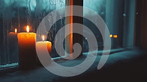 Candles burning on windowsill during snowfall..