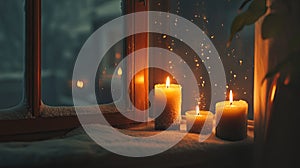 Candles burning on windowsill during snowfall..