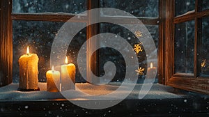 Candles burning on windowsill during snowfall..