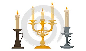 Candles in Candlesticks Vector Set. Vintage Candle Holders and Candelabrums