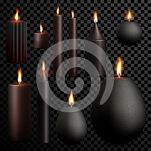 Candles 3D realistic black set flame burning vector transparent background