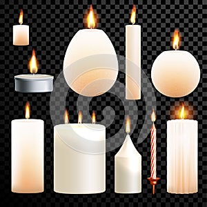 Candles 3D realistic set flame burning vector transparent background