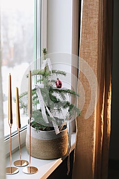 candles and decorations for the Christmas tree in eco style. Zero Waste Christmas concept. Vintage Christmas tree
