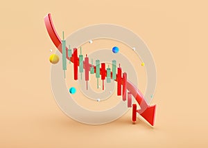 Candles in a downtrend with an arrow pointing down, cartoon 3d image. the concept of investment losses in the stock and
