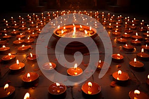 Candles encircle, one ignited, radiating a fiery centerpiece