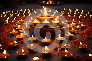 Candles encircle, one ignited, radiating a fiery centerpiece