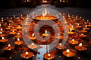 Candles encircle, one ignited, radiating a fiery centerpiece