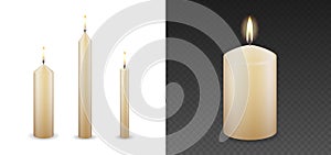 Candles flames set 3D realistic isolated burning on vector transparent or white background