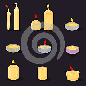 Candles in a flat style. Cartoon burning candles with candle holder and fire wax flame bright decoration flat vector