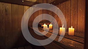 Candles flicker in the corners adding to the soothing ambiance of the guided sauna session.