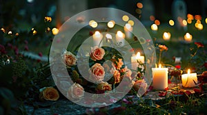 Candles and flowers on the grave. Cemetery in the background