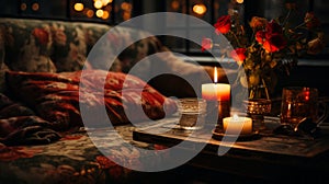 candles and flowers sit on a table in front of a window