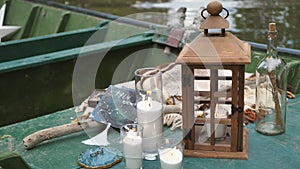 candles in glass jars wooden lantern with a candle inside. a wooden lamp, inside a candle is burning. Calm, meditation