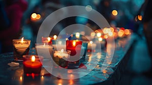 Candles glow warmly on a surface, casting soft light in a dim, blurred background photo