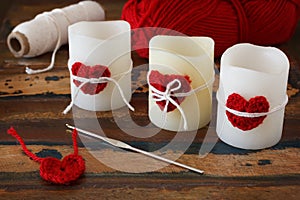 Candles with handmade crochet red heart for Saint Valentine's da