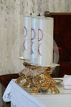 Candles on a high altar in the parish church of Saint Anthony of Padua in Zagreb