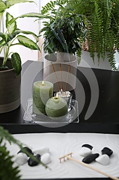 Candles and incense sticks near miniature zen garden on black table