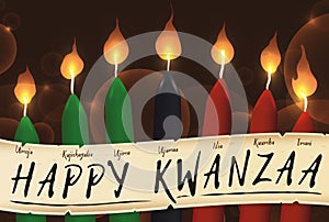 Candles of Kwanzaa with a Scroll with the Seven Principles, Vector Illustration photo