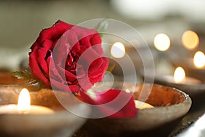 Candles light and red rose petals. Background of single red rose and candle lights. Fragility and hope concept