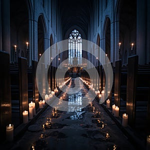 candles are lit in a church with rows of pews