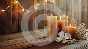 Candles lit on wooden table with flowers and lights