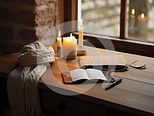 Cozy winter scene with candles and open notebook by the window