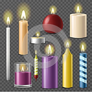 Candles realistic 3d set wax candle fire flame light beeswax taper on transparent background vector