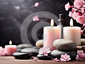 candles, rocks and cherry blossom in spa salon