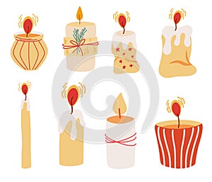 Candles set. Decorative wax candles for relax, interior decor, holiday and Christmas. Wax candles. Hand drawn vector illustration