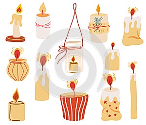 Candles set. Decorative wax candles for relax, interior decor, holiday and Christmas. Wax candles. Hand drawn vector illustration