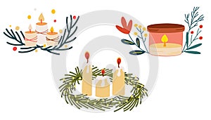 Candles set. Decorative wax candles for relax, interior decor, holiday and Christmas. Wax candles. Hand drawn vector illustration