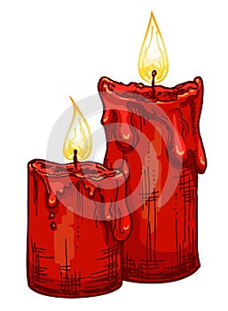 Candles sketch. Christmas home decoration. Christmas and New Year holiday greeting card with candle color sketch