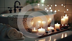 Candles in a spa bathtub. Relaxing soap suds soak. Romantic bath.