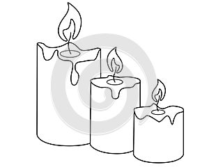 Candles. Three burning candles - vector linear illustration for coloring book or logo. Outline.