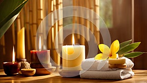 Candles, towel, flower spa salon studio treatment care therapy relaxation