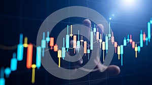 Candlestick chart with hand overlay on blue background